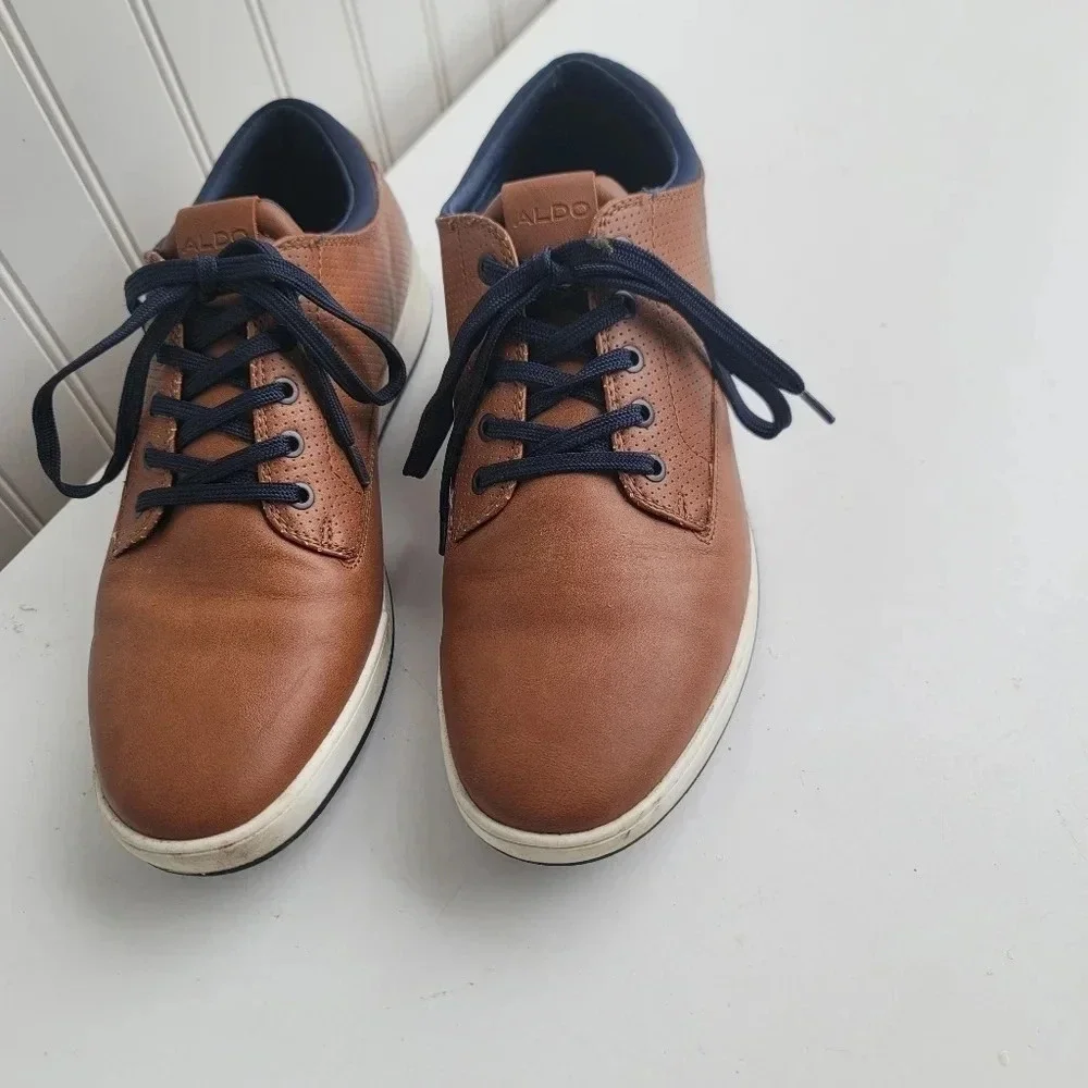 Aldo Flex Men's Size 10 Brown Tan Navy Leather Dress Shoes Rubber Sole Lace Up